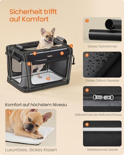 Feandrea Hundebox faltbar, 60 cm Transportbox für kleine Hunde, Hundetasche, Oxford-Gewebe, mit 4 Türen aus Netzstoff, Griffen, Taschen für Futter und Wasserflasche, tintenschwarz PDC016B01