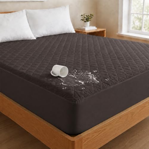 Image of Lukzer 100% Waterproof Quilted Mattress Protector Dark Brown King Size 78 x 72 Inches (6.5 x 6 ft) Cotton-Feel Bed Protector Noiseless Hypoallergenic Breathable Elastic Fitted Mattress Cover /Bed Cover