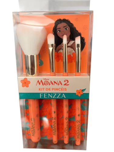 Kit 4 Pincéis de Maquiagem FENZZA Disney Moana - Cerdas Macias e Design Vibrante para Presente DIS090