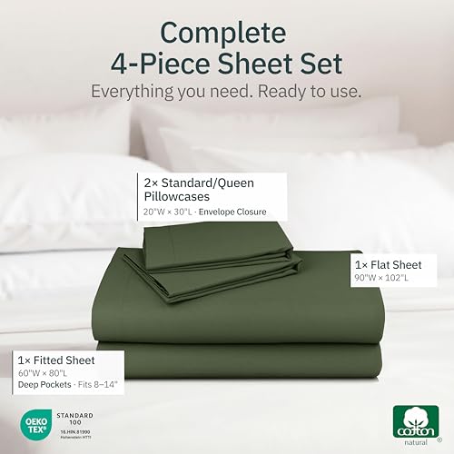 Image of Super Soft 100% Cotton Queen Sheet Set Deep Pocket, 4 Pc Set, Olive Green | Lightweight & Breathable For Hot Sleepers, 14 inch Deep Pocket, All-Around Elastic, Durable, Easy Care, OekoTex Certified