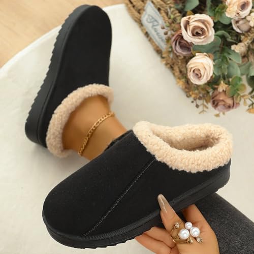 Womens Slippers Fleece Fuzzy Lined Memory Foam House Shoes for Indoor Outdoor Suede Leather Slipper Cozy Shoes with Plush Collar Women Platform Anti-Slip Warm Winter Fluffy Slippers4