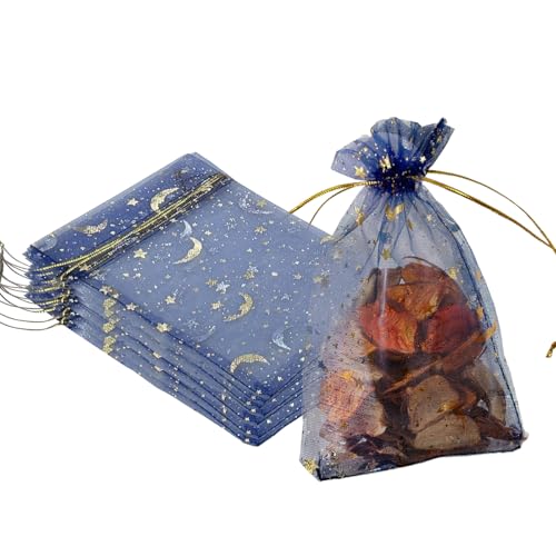 Image of YHJZ 100PCS Moon Star Organza Bags, 4x6 inches (10x15cm) Small Mesh Bags Drawstring, Jewelry Gift Bags for Wedding, Party, Festival (Blue)