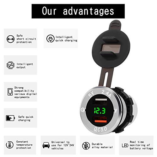 BlueFire Upgraded Aluminum Alloy Quick Charge 3.0 USB Car Charger Socket & Dual USB Power Outlet with Voltmeter for Car, Boat, Marine, RV, Motorcycle (Silver-Green)
