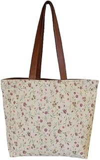 Floral Canvas Tote Bag with Brown Handles, Vintage Print Shopping Bag, Cream Background-picture-25