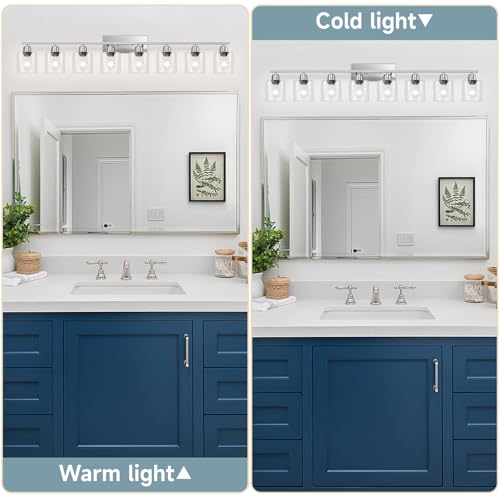 Image of Modern Brushed Nickel 8 Light Bathroom Light Fixtures,52 inch Vanity Lights for Bathroom with Clear Glass, Bathroom Light Fixture for Mirror Kitchen Living Room Hallway Cabinet Porch