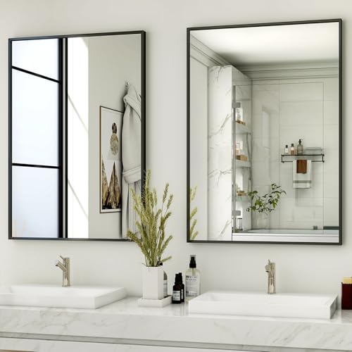 HARRITPURE 38"x26" Rectangular Bathroom Mirror Vanity Wall Mirrors Aluminium Alloy Frame Wall-Mounted for Over Sink Entryway Bedroom Living Room Black