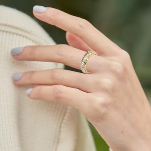 Dainty Engraved Plumeria Flower Ring, 14K Gold Plated Hawaiian Princess Plumeria Flower Scroll Promise Ring Stackable Wedding Engagement Band Jewelry for Women or Men3