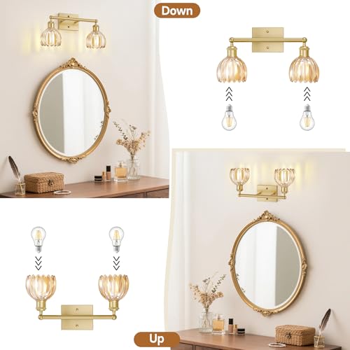 Image of 2 Light Bathroom Vanity Lights Over Mirror,Vintage Wall Sconce,Antique Brass Bathroom Light Fixtures,Tulip Sconces Wall Lighting with Amber Thick Glass Shade for Bedroom Living Room, E26 Base