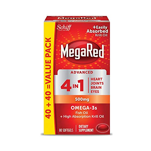 MegaRed Advanced 4-in-1 2X Concentrated 500mg Omega-3 Fish Oil & Antarctic Krill Oil with Fatty Acid, EPA/DHA Supports Heart, Brain, Joints, Eye Health 80 Count Softgels (2 Pack)