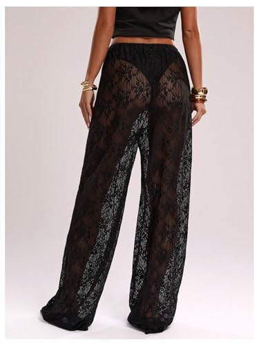 GORGLITTER Women's Lace Pants Sheer Mesh Floral Wide Leg Pants See Through Rave Bell Bottom2