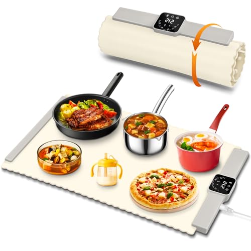 Electric Warming Tray, Silicone Heating Food Warming Mat with 5 Temperature Settings, Full Surface Heating, Auto Shut-Off Timer, Roll Up Food Warmer for Gatherings, Parties (Cream Color)