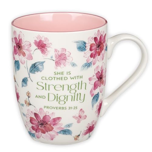 Christian Art Gifts Inspirational Ceramic Coffee & Tea Mug for Women: Strength & Dignity Encouraging Bible Verse Proverb, Microwave & Dishwasher Safe Drinkware, White, Pink & Fuchsia Floral, 12 oz.