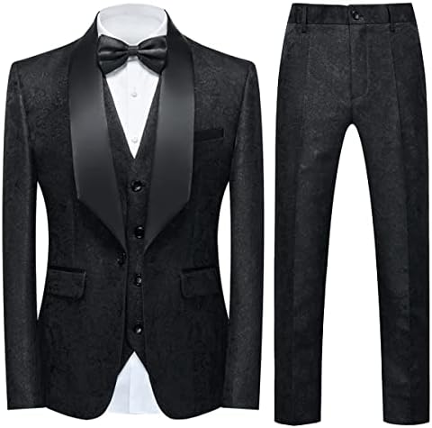 Tuxedo Suits for Men 3 Piece Regular Fit Suit Floral Pattern Blazer Jacket Waistcoat Pants Men Suit Set for Wedding Black