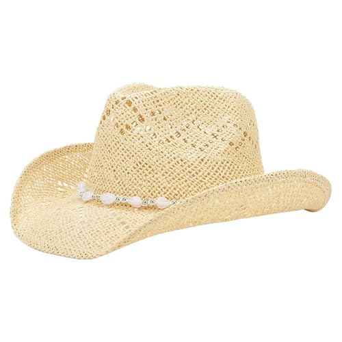 YABINA Western Cowgirl Hat, Straw Cowboy Hat for Women with Shapeable Brim, Beaded Trim, Shapeable Cowboy Hat (Beige)