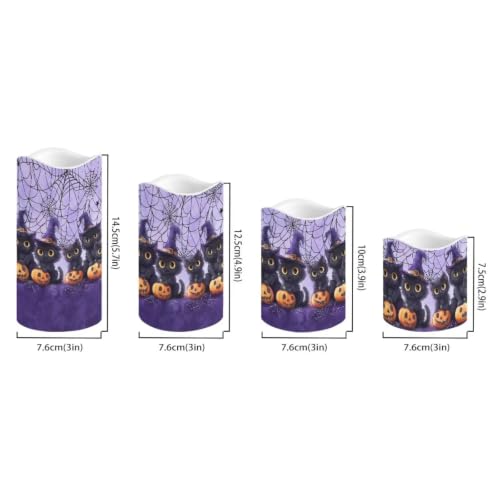 Image of Witch Kitten Battery Operated Candles Set of 4 | LED Flickering Battery Operated Color Changing Electric Pillar Candles for Living Room Halloween Home Decoration