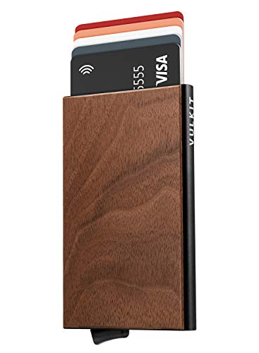 VULKIT Porte Cartes de Credit Bancaire Minimaliste en Grain de Bois de Noyer avec Étui en Métal Anti Piratage Pop-up Cartes Portefeuille - Étui Noir