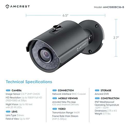 Amcrest Full Hd 1080P Bullet Outdoor Security Camera (Quadbrid 4-In1 Hd-Cvi/Tvi/Ahd/Analog), 2-Megapixel, 98Ft Night Vision, Metal Housing, 3.6Mm Lens 90° Viewing Angle, Black (Amc1080Bc36-B) #TOP2