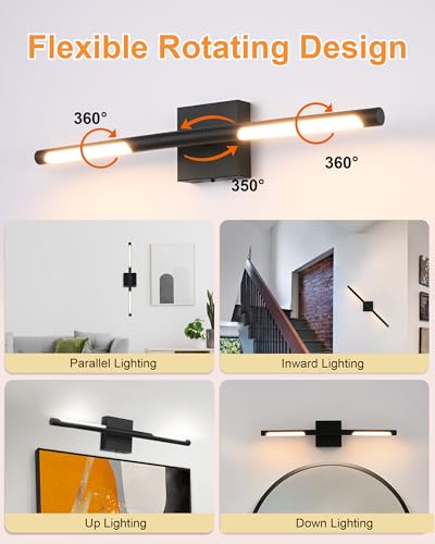 Image of TODOLUZ 24-Inch 5CCT LED Bathroom Light Fixture, 12W Black Wall Sconce Vanity Lighting Rotatable Tube for Over Mirror Mural, 2700K-5500K