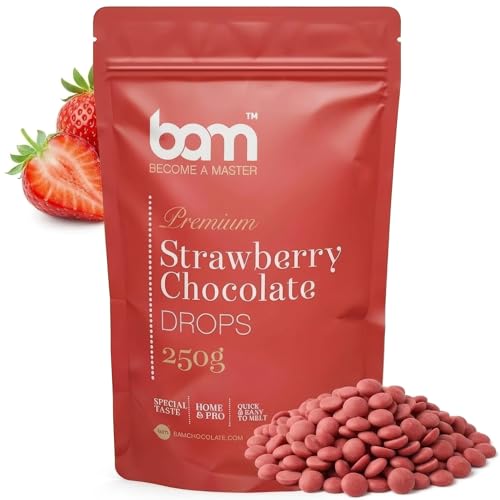 BAM Schokolade Drops mit Geschmack, Tropfen, Callets zum Schmelzen, Backen für Zuhause und Profi (Erdbeere schokolade, 250 g)