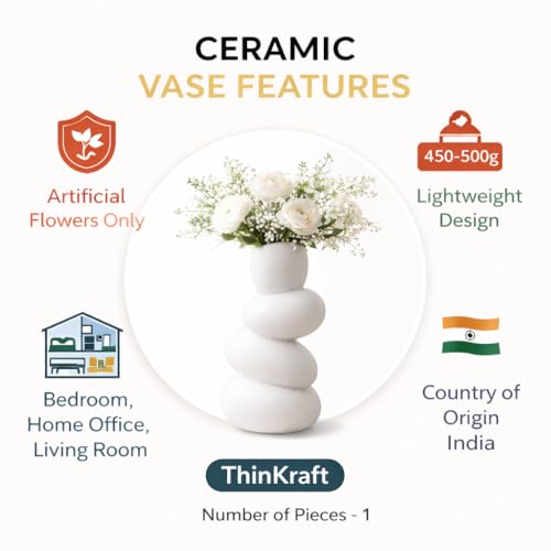 Image of Ceramic Pebble Vase, 9 inch Stacked Stone Design for Pampas Grass & Modern Home Decor, Unique Geometric Flower Vase Centerpiece (White)