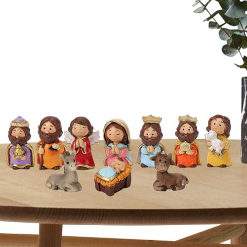 10pcs Resin Manger Scene Ornaments - Nativity Scenes for Christmas, Jesus Figurines Sets with Virgin Mary Figures | Miniatures Statue Jesus Crib Christmas Figure Resin Crafts Home Decoration S