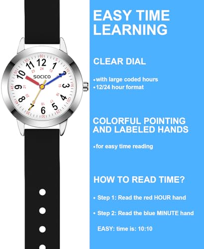 SOCICO Kids Watch for Boys Girls, Learning Educational, 3ATM/30M Waterproof Time Learning Gift Children's Analogue Watch
