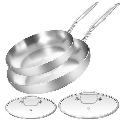 LOLYKITCH 10-12 Inch Tri-ply Stainless Steel Frying Pan Set with Lids,Skillets,Induction Cookware Set,Dishwasher and Oven Safe,Detachable Handle