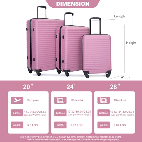 3 Piece Luggage Sets ABS Lightweight Suitcase with Two Hooks,Spinner Wheels,TSA Lock,(20/24/28) PINK3