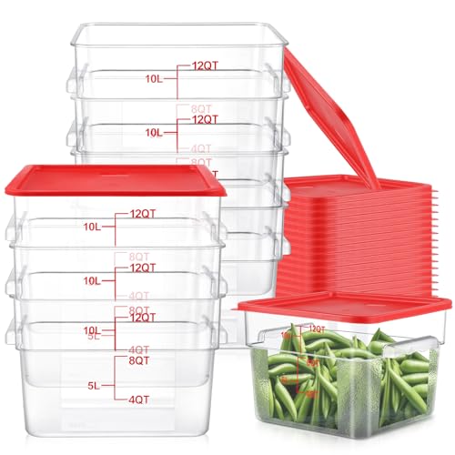Image of Ziliny 8 Sets Square Food Storage Containers with Lids Dough Proofing Bucket Commercial Polycarbonate Containers with Scale Clear Airtight Cereal for Pantry Home Restaurant (Red,12 Qt)