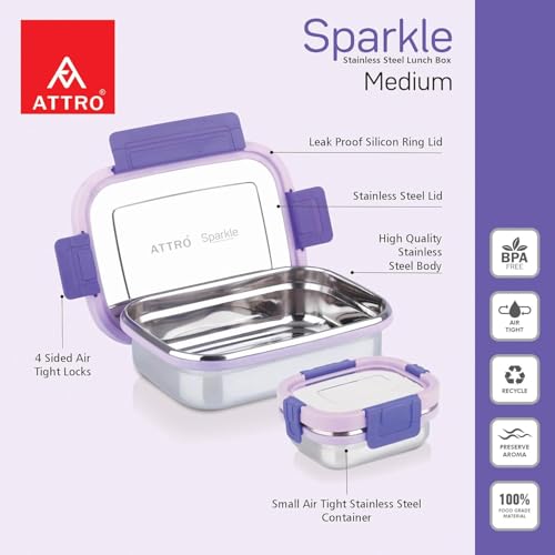 Image of ATTRO Sparkle Medium Stainless Steel Lunch Box 2-Piece Set - 800ml + 150ml - Leak-Proof, BPA-Free, Compact & Durable - Ideal for Kids, Office, Travel - Purple