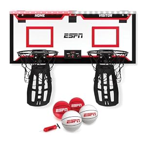 ESPN Mini Basketball Hoop, Over The Door Basketball Hoop with 2 Foldable Breakaway Rims and Ball Return for Two Player Games, Includes 4 Mini Basketballs and Pump ESPN Mini Basketball Hoop Over The Door Basketball Hoop with 2 Foldable Breakaway Rims and Ball Return for Two Player Games Includes 4 Mini Basketballs and Pump
