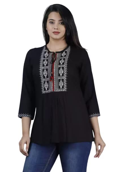 Image of Women's Rayon Regular Kurti (Small, Black Front PRINTEX-03)