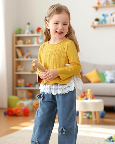 Image of Kucnuzki Toddler Baby Girl Clothes Long sleeve Fall Winter Shirt Tops Baggy Jeans Pants Set Kids Girls Outfits 2 Piece