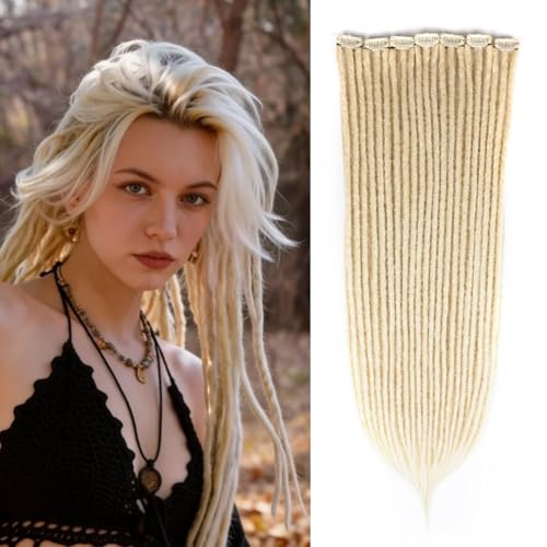 Kyriena 4PCS Blonde Dreadlock Extensions Clip in, 613 Blonde Soft 24 Inch Synthetic Clip-in Dreads, Handmade Crochet Hair Thin 0.6cm Width Dread Extensions