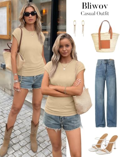 Image of Bliwov Womens Summer Tops Cap Sleeve Crew Neck Casual T Shirts