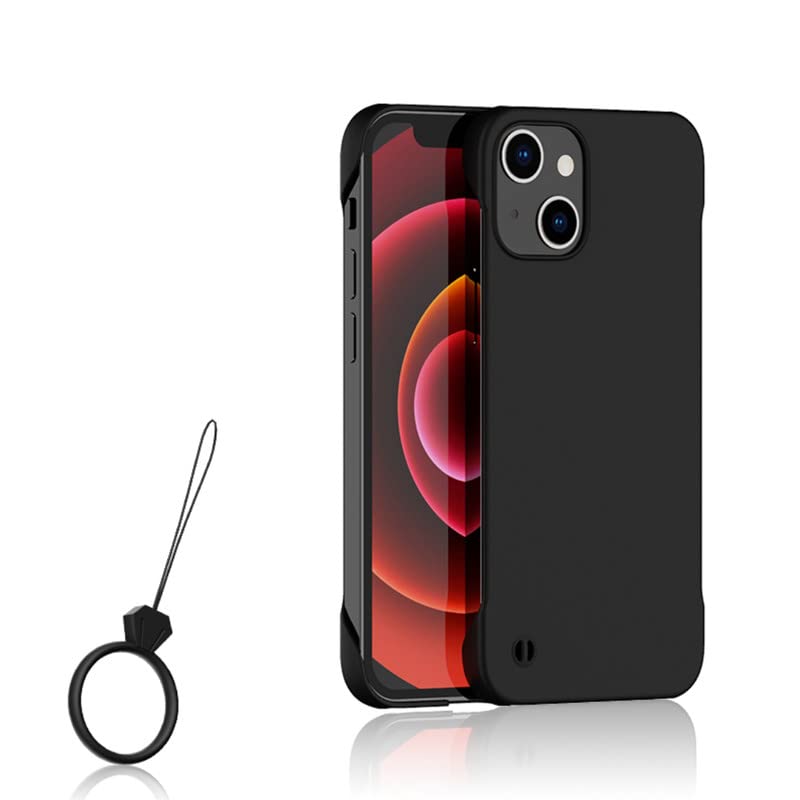 Slim Borderless for iPhone 14 Plus Phone Case 6.7"(2022) Ultra-Thin Lightweight Frameless Matte Hard PC Cover Case with Pull Ring Shockproof Non Slip Rope,Suppor Wireless Charging-Black
