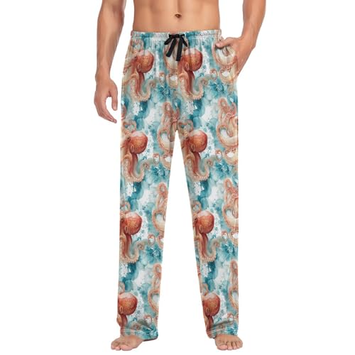 Aflyko Ocean Men's Pajama Pants Octopus Watercolor Cyan Orange Pjs Sleepwear Bottoms