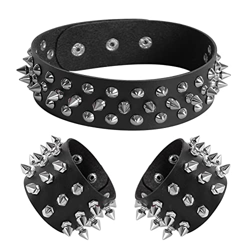 Manfnee Leder Choker Armbnd Punk Halsband Halskette Spike Nieten Manschette Gothic Armband für Damen Herren