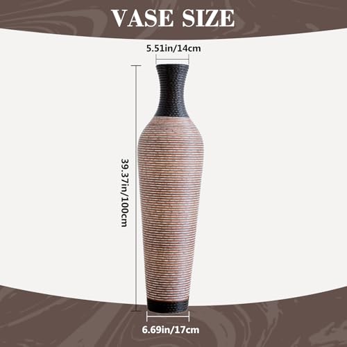 Image of Large Hand-Woven Bamboo Floor Vase, Tall Home Decor Floor Vase for Fake Flower Dried, Flower Holder for Living Room, Bedroom, Dining Room, Entryway, Hallway (Pattern Black Brown, Bottle)