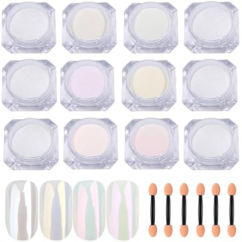 12 Colors White Pearl Chrome Nail Powder,Iridescent Aurora Gel Polish Powder, Moonlight Pearlescent Mermaid Pigment Pearl Glitter Dust Kit, Holographic Pigment Manicure Powder for Gel Polish Nails Art Cover