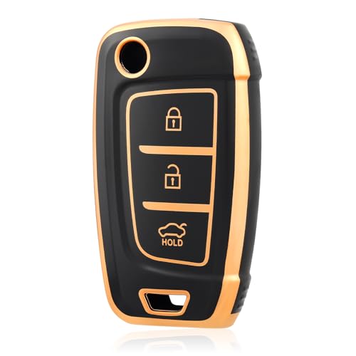 OFF WE GO Funda Llave Coche Carcasa Mando para Hyundai i10 i20 i30 i35 i30n i40 ix20 ix35 i30n NX4 Kona Tucson Azera Verna Casos de la Cubierta de Llave TPU Funda Tarjeta Llave, Oro Negro
