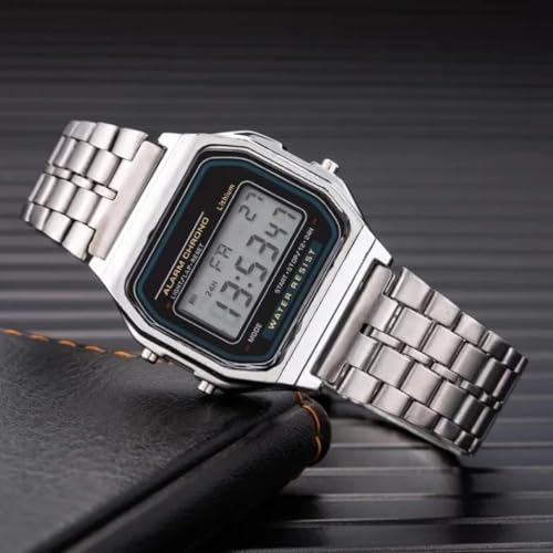 Image of Digital Watch, Silver Stainless Steel, Water Resistant LCD Display, Electronic Alarm Chronograph, 24H Time Format