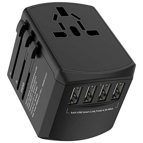 Universal Reiseadapter Reisestecker, Internationaler Steckeradapter mit 4 USB Anschlüssen, 8 polige Netzsteckdose mit Ersatzsicherung,für