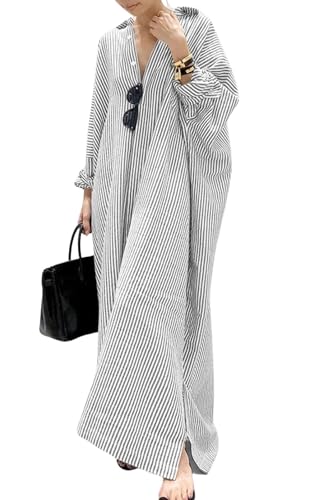 CHARTOU Women Loose Striped Shirt Dress Long Sleeve Flowy Shift Dress Button Up Cotton Maxi Dress Kimono Beach Cover Ups