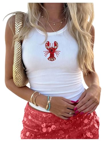 SHENHE Womens Beaded Lobster Tank Top Ribbed Knit Crew Neck Sleeveless Beach Vacation Y2k Tank Lobster White Large