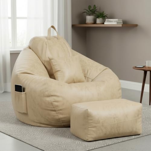 Image of KAM'S LIEU 5XL Premium Imported Suede Bean Bag Chair with Footrest & Cushion | Filled with High Density Polystyrene Beans | Premium Soft Fabric | Ready to Use Color- (Cream, 5XL)