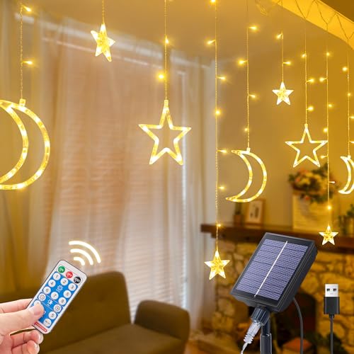 Qunlight Ramadan Solar Icicle Lights,10.8ft 138 LED Outdoor Waterproof Moons Stars Curtain Window String with 8 Modes Timer Remote,USB Rechargeable Connectable Warm White Hanging Decor for Patio