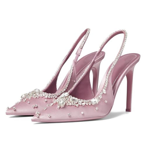 Women's Crystal Slingback Pumps Pointed Toe Slip On Stiletto Heels Rhinestone Satin Stiletto Sandals Elegant Evening Dress Slingback Heels