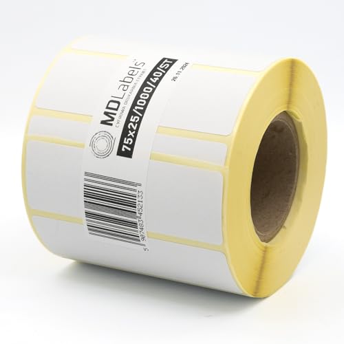MD Labels Etiquetas térmicas blancas en rollo 75 x 25 mm 1000 piezas, de adhesivo permanente, para código de barras, etiquetas adhesivas blancas para escribir