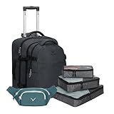 Hynes Eagle 2 in 1 Travel Backpack 22 inches Carry on Luggage 63L Rolling Backpack for Men Women with Packing Cubes 3PCS Set Grey Waist Pack Green